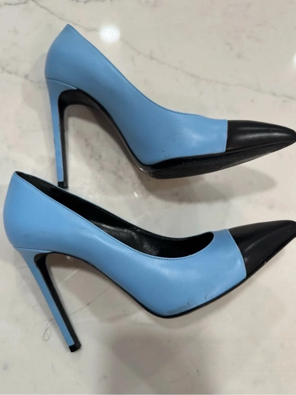 Saint Laurent Two-Tone Pointed Toe Pumps in Sky Blue and Black Sz 37.5 (7.5)